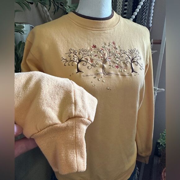 Vintage Fall Trees Leaves Embroidered Embellished Double Crew Granny Sweatshirt - Picture 3 of 6
